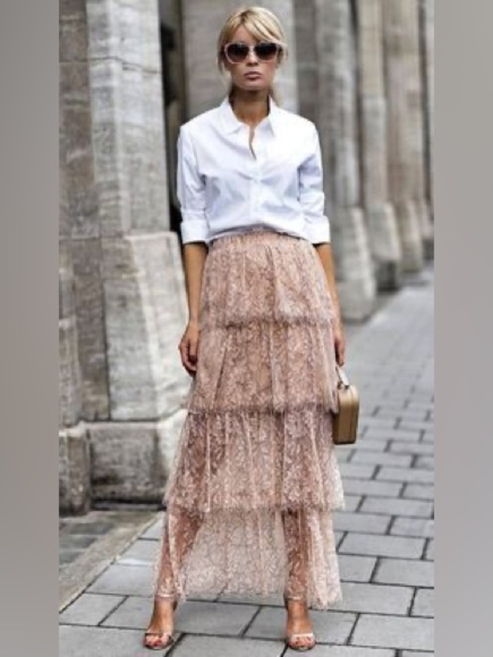 Zara pink ruffle lace tiered skirt Size L